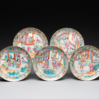 Five Chinese Canton famille rose plates with narrative design, 19th C.