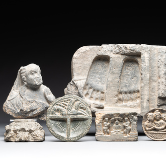 Six Gandhara grey schist fragments with divinities and floral design, 1/4th C.