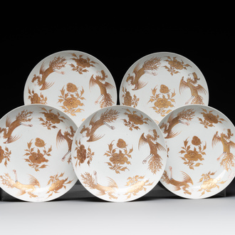 Five Chinese gilt-decorated eggshell porcelain 'phoenix' plates, Yongzheng