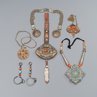 A varied collection of Himalayan accessories with turquoise ornaments, Tibet, 19th C.