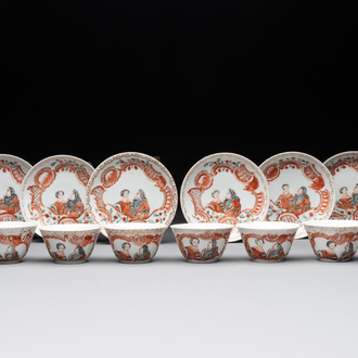 Six Japanese Dutch-decorated or Amsterdams bont 'William and Mary' cups and saucers, Edo, 18th C.
