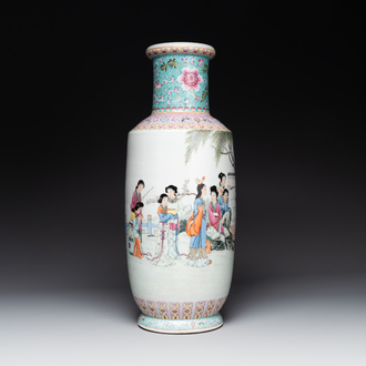 A Chinese famille rose rouleau vase with figurative design, Qianlong mark, Republic