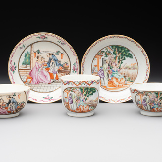 Three Chinese export famille rose 'European subject' cups and two saucers, Qianlong