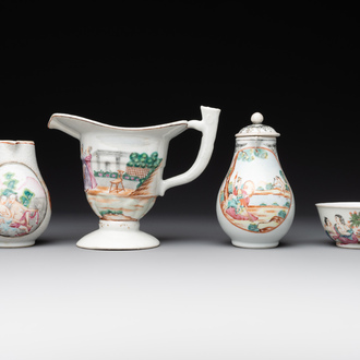A group of four Chinese export famille rose 'European subject' porcelain, Qianlong