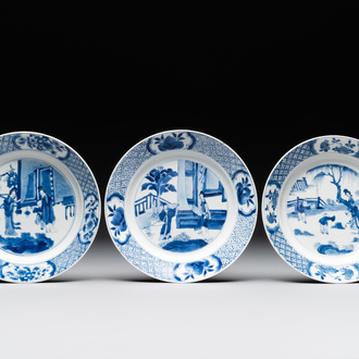 Three Chinese blue and white plates with figural design, Chenghua and Kangxi mark, Kangxi
