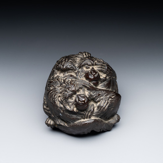 A Japanese bronze okimono with three monkeys, Yoshinobu seal mark, Meiji period
