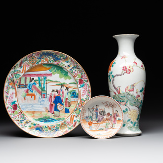 A Chinese Canton famille rose plate, a famille rose vase and a saucer, Qianlong and later