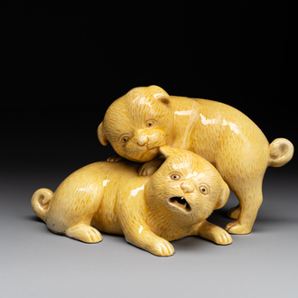 A Chinese monochrome yellow-glazed group of two playing dogs, 19th C.