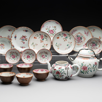 Two Chinese famille rose teapots, ten cups and nine saucers, Qianlong