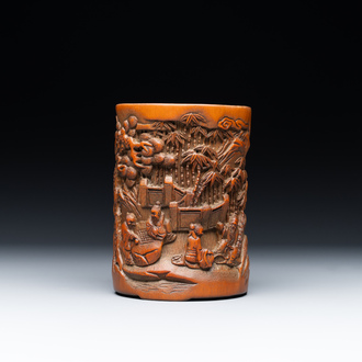 A Chinese carved bamboo 'Seven Sages of the Bamboo Grove' brush pot, 19th C.