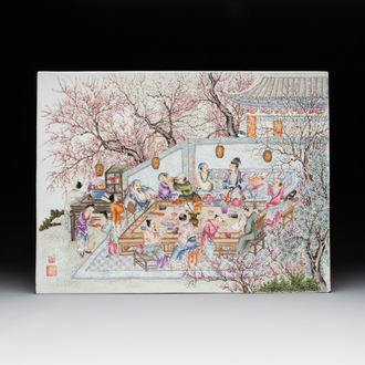 A Chinese famille rose 'hundred boys' plaque, Qianlong mark, 20th C.