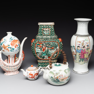 Two Chinese famille rose vases, two teapots and a Japanese wucai ewer, 19th C.