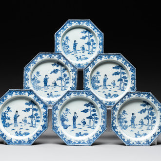 Six Chinese blue and white plates probably after a European silver model, Qianlong