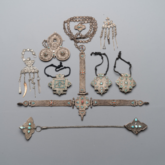 A varied collection of Himalayan accessories with turquoise and coral ornaments, Tibet and Bhutan, 19th C.