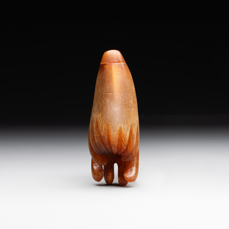 A rare Chinese rhinoceros horn snuff bottle in the shape of a Buddha hand, 19th C.