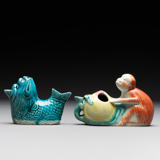 Two Chinese famille rose and turquoise-glazed water droppers, Kangxi/Qianlong