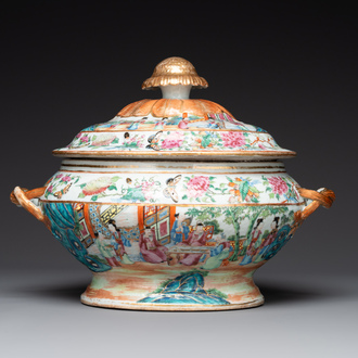A Chinese Canton famille rose tureen and cover with narrative design, 19th C.