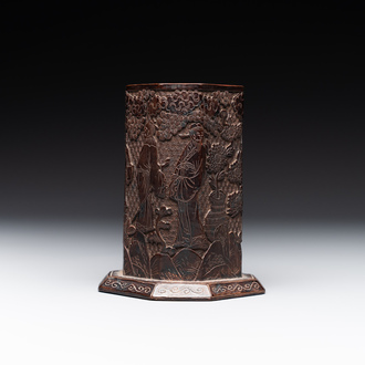 A Chinese tixi lacquer brush pot, 'bitong', Ming