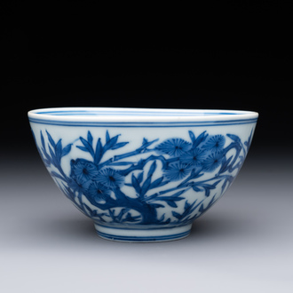 A Chinese blue and white 'Three friends of winter' bowl, Jiajing mark, Kangxi