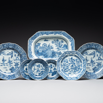 Three Chinese blue and white plates, three saucers and an octagonal dish, Qianlong