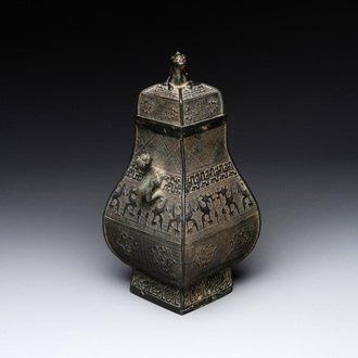 A Chinese archaistic bronze ritual wine vessel and cover in Western Zhou-style, 'fang hu 方壺', Ming