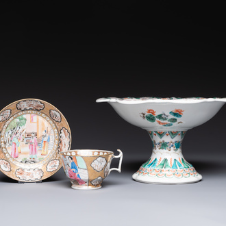 A Chinese Canton famille rose gilt-decorated cup and saucer and a famille verte tazza, 19th C.
