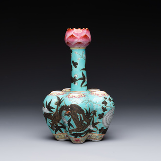 A Chinese famille rose turquoise-ground 'dragon' flower vase, 19th C.