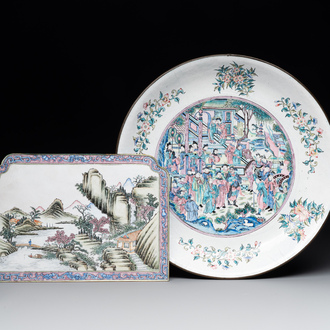 A Chinese Canton enamel plaque and large dish, Qianlong mark, 19th C.