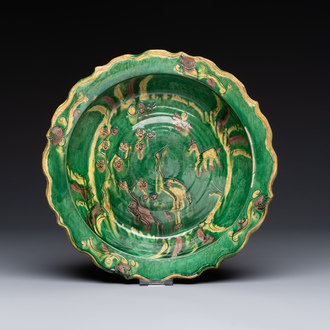 A Chinese sancai-glazed flower-shaped 'crane' plate, Ming