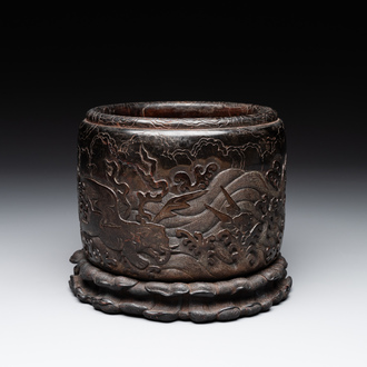 A Chinese Zitan wood 'chilong' brush pot, 17/18th C.