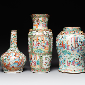 Three Chinese Canton famille rose vases with narrative design, 19th C.