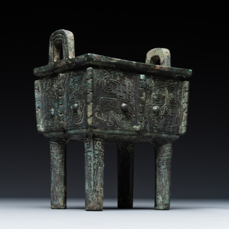 A Chinese rectangular bronze food vessel, 'fang ding 方鼎', Western Zhou