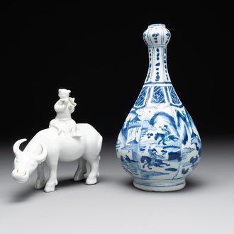 A Chinese blue and white garlic-mouth vase and a white glazed group of a boy on a buffalo, Wanli/Qianlong