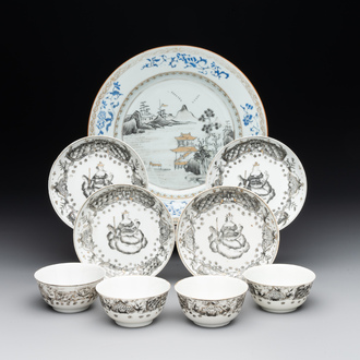 Four Chinese grisaille cups and saucers and a plate with blue-enamelled border, Qianlong