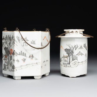 A hexagonal Chinese grisaille covered wine jug and warmer, signed Xinan Xushan 新安旭山, Guangxu mark, 19th C.