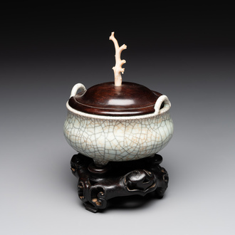 A Chinese ge-type censer with wooden stand and cover, Qianlong
