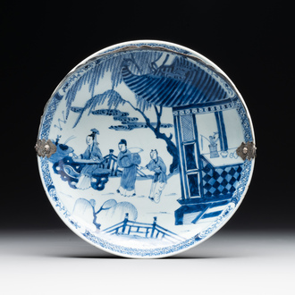 A Chinese blue and white 'Xi Xiang Ji' plate with silver mount, Yongzheng