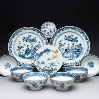 Six Chinese blue and white 'floral' bowls, a pair of dishes, a saucer and an iron-red-decorated plate, Qianlong