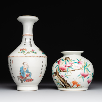 A rare Chinese famille rose 'Wu Shuang Pu' vase and a 'nine peaches' jar, Guangxu mark, 19th C.
