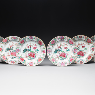 Six Chinese famille rose 'peacock and flowers' plates, Yongzheng