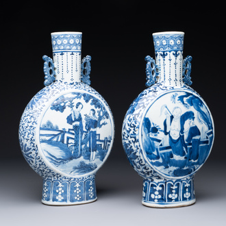 A pair of Chinese blue and white moonflasks or 'bianhu', Kangxi mark, 19th C.
