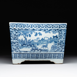 A square Chinese blue and white 'three rams' jardiniere, 19th C.
