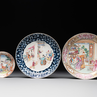 Two Chinese Canton famille rose 'mandarin subject' plates and a saucer, Qianlong