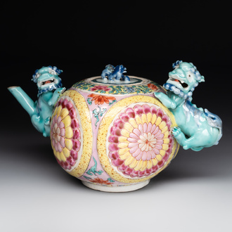 A Chinese famille rose 'Buddhist lion' teapot and cover, Yongzheng