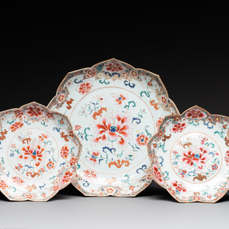 A Chinese famille rose lotus-shaped dish and two plates, Qianlong