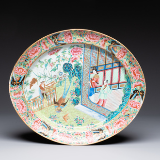 A Chinese Canton famille rose dish with a lady, servant and pheasants, 19th C.