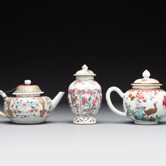 Two Chinese famille rose teapots and a tea caddy, Yongzheng/Qianlong