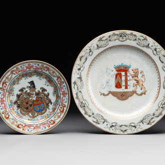 A Chinese bianco sopra bianco Belgian market armorial dish and a famille rose Dutch market armorial plate, Qianlong