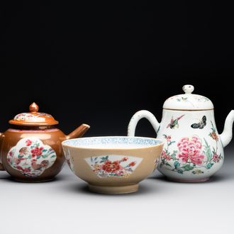 Two Chinese famille rose teapots and a bowl, Qianlong