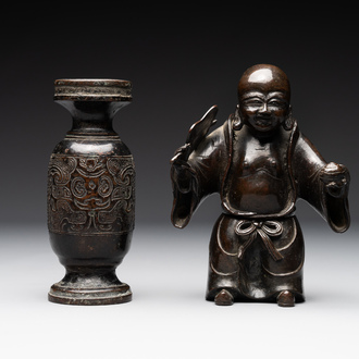A Chinese bronze vase and a Taoist figure-shaped incense burner, Ming